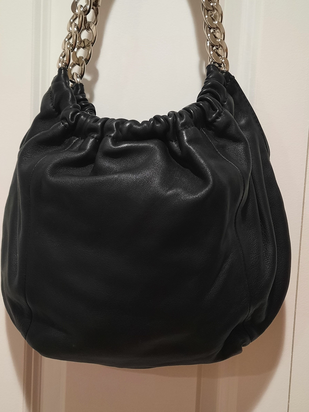 Black Leather Shoulder Bag with Gold Chain Handle